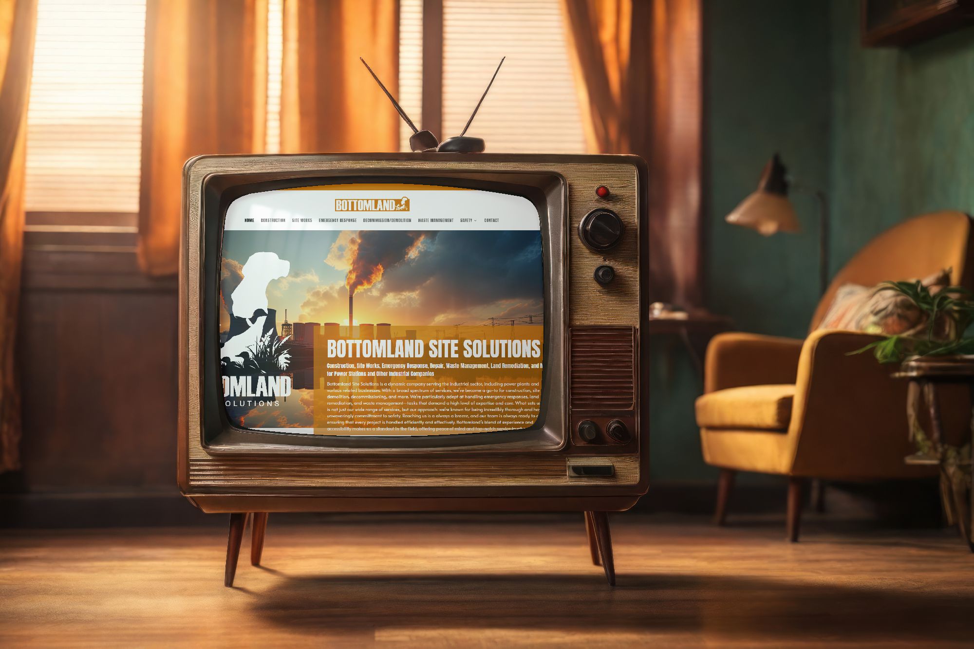 Bottomland's custom designed website on a vintage television promoting website design and development in Hickory, NC.