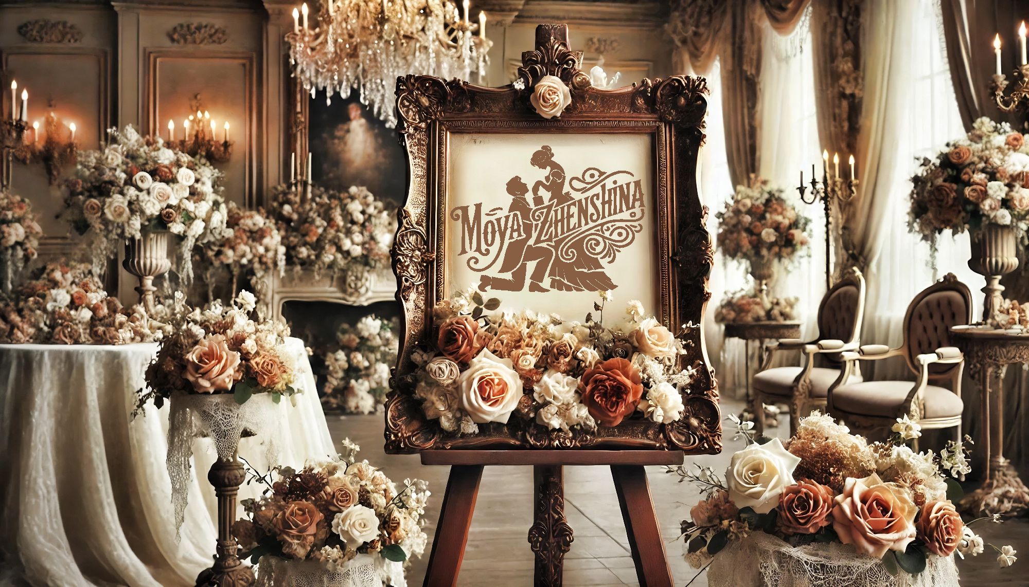 Vintage Victorian wedding with Moya Zhenshina custom design logo on sign promoting business creation services in Hickory, NC.