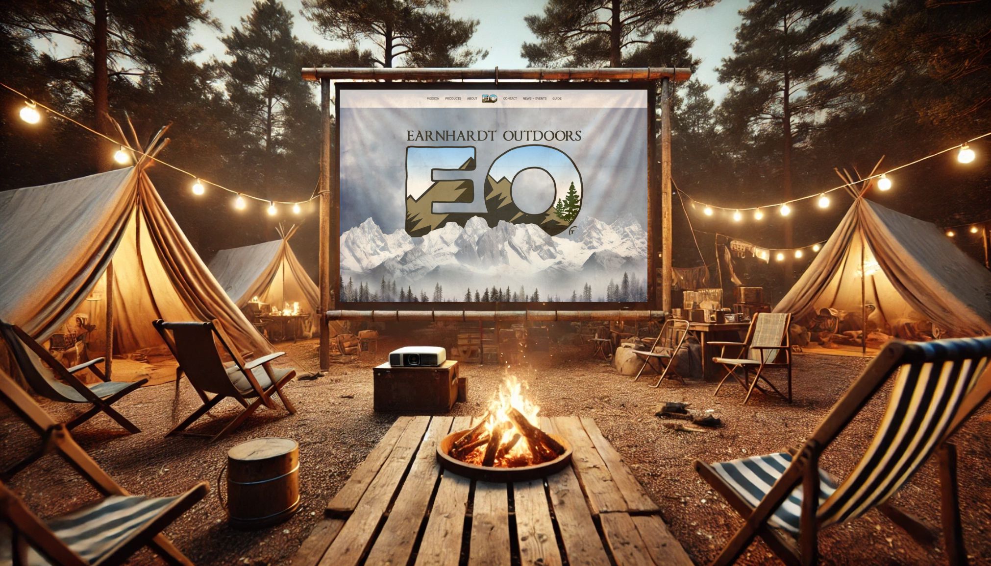 Outdoor camping scene with projector screen showing Earnhardt Outdoors website to promote website design and development service in Mooresville, NC.